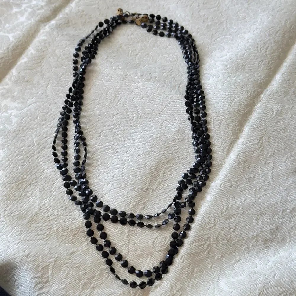 52” Black Lucite Disc Bead Double Strand Necklace Vintage 1960s Featherlight Mod